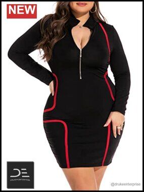 Women's Plus Size Bodycon Mini Dress Deep V Neck Long Sleeve Front Zip Club